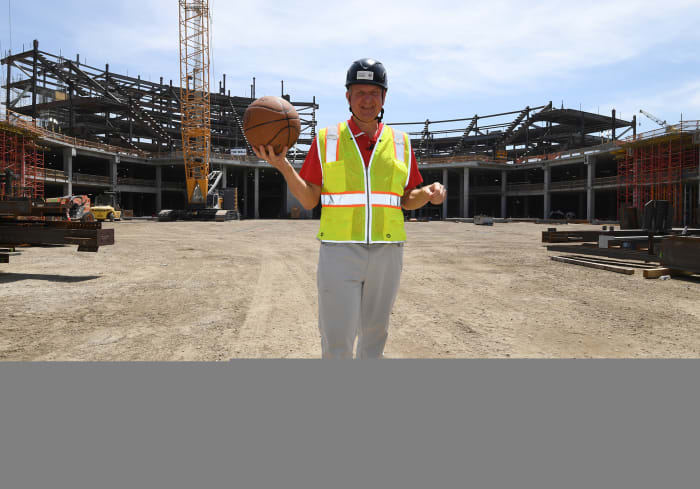 Steve Ballmer stands outside the construction zone of the Clippers’ new arena.